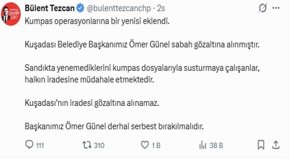 Kuşadası Belediye Başkanı &Ouml;mer G&uuml;nel&rsquo;in g&ouml;zaltına alınmasına CHP&rsquo;li vekillerden tepki
