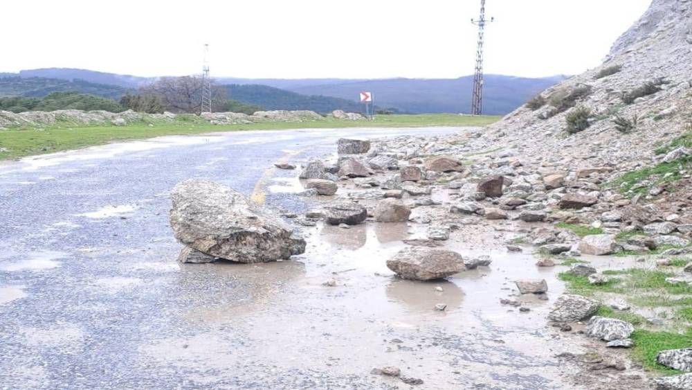Yağış sonrası topraktan kaydı, kayalar yolu kapattı
