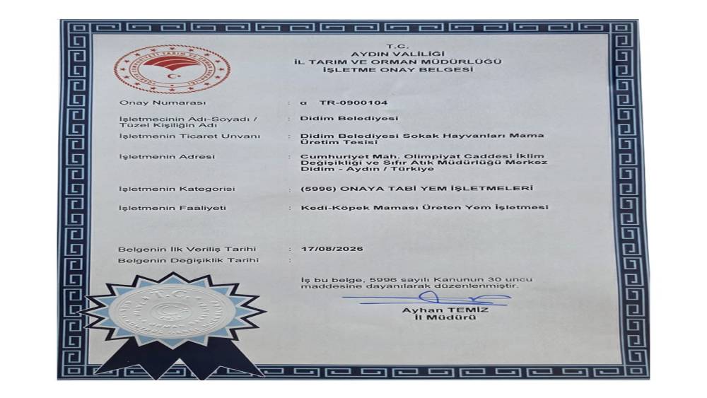 Didim&rsquo;in mama &uuml;retim tesisine onay belgesi verildi