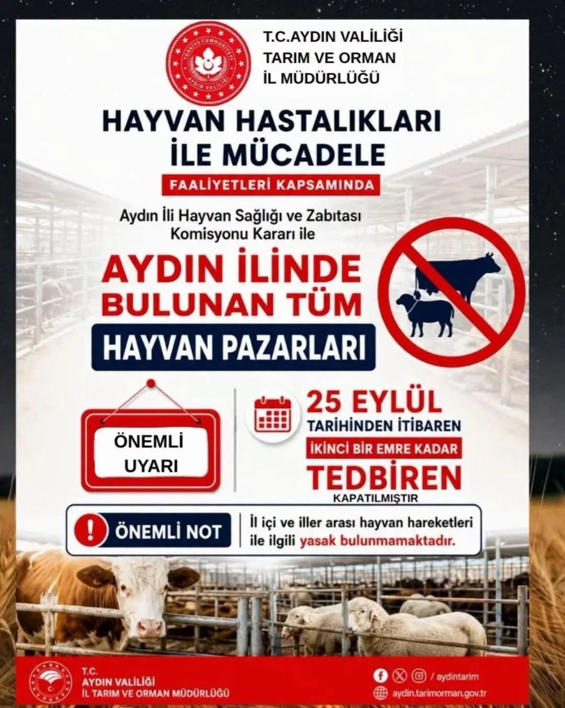 AYDIN&rsquo;DA T&Uuml;M HAYVAN PAZARLARI TEDBİREN KAPATILDI
