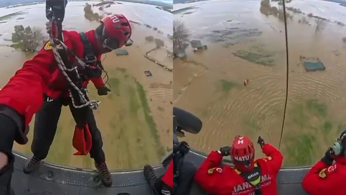 Taşkında mahsur kalan vatandaşın kurtarılma anları jandarma kamerasına yansıdı